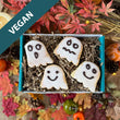 Load image into Gallery viewer, Gift Box of vegan ghost Welsh Cakes with autumn leaves and pumpkins in the background