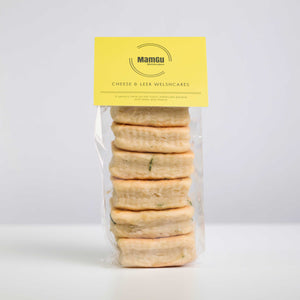 Packaged cheese and leek Welsh cakes with a MamGu Welshcakes label on a white background