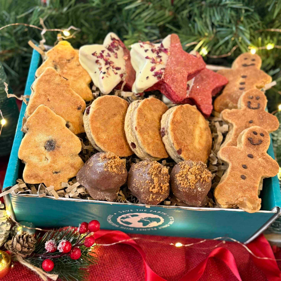 Assorted Christmas welsh cakes in a box with a festive background