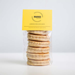 Packaged lemon Welsh cakes with a MamGu Welshcakes label on a white background
