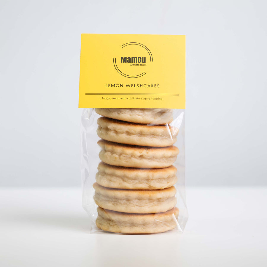 Packaged lemon Welsh cakes with a MamGu Welshcakes label on a white background