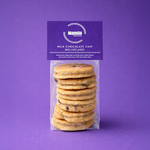 Packaged milk chocolate chip Welsh cakes with Mamgu welshcakes branding on a purple background