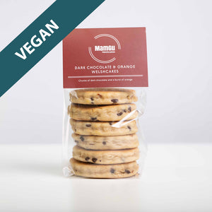 Packaged Vegan Dark Chocolate and Orange Welsh Cakes with a MamGu Welshcakes Label and white background