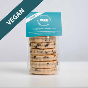 Packaged vegan traditional Welsh cakes with a MamGu Welshcakes label on a white background