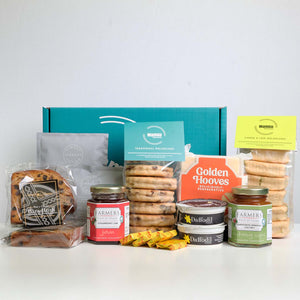 Welsh Afternoon Tea Gift Box with all the contents laid out on a studio white background
