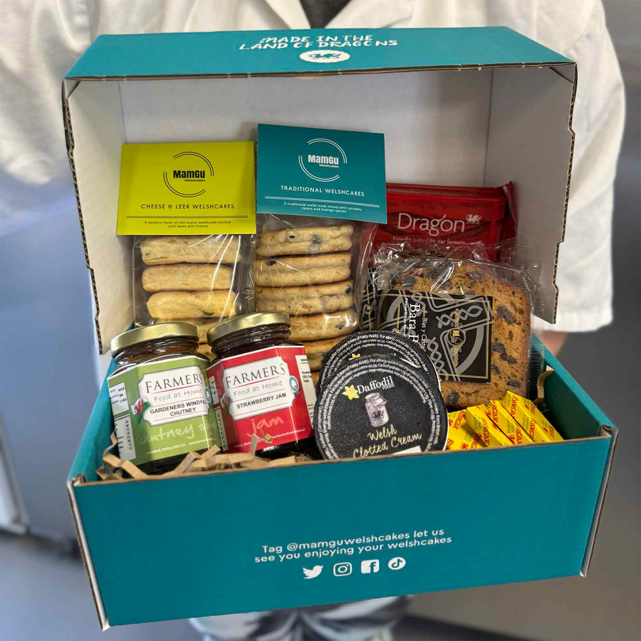 Welsh Afternoon Tea Hamper Gift Box with Welsh Cakes, Clotted Cream, Bara Brith, Welsh Cheese, Jam & Chutey, Tea and/or Coffee